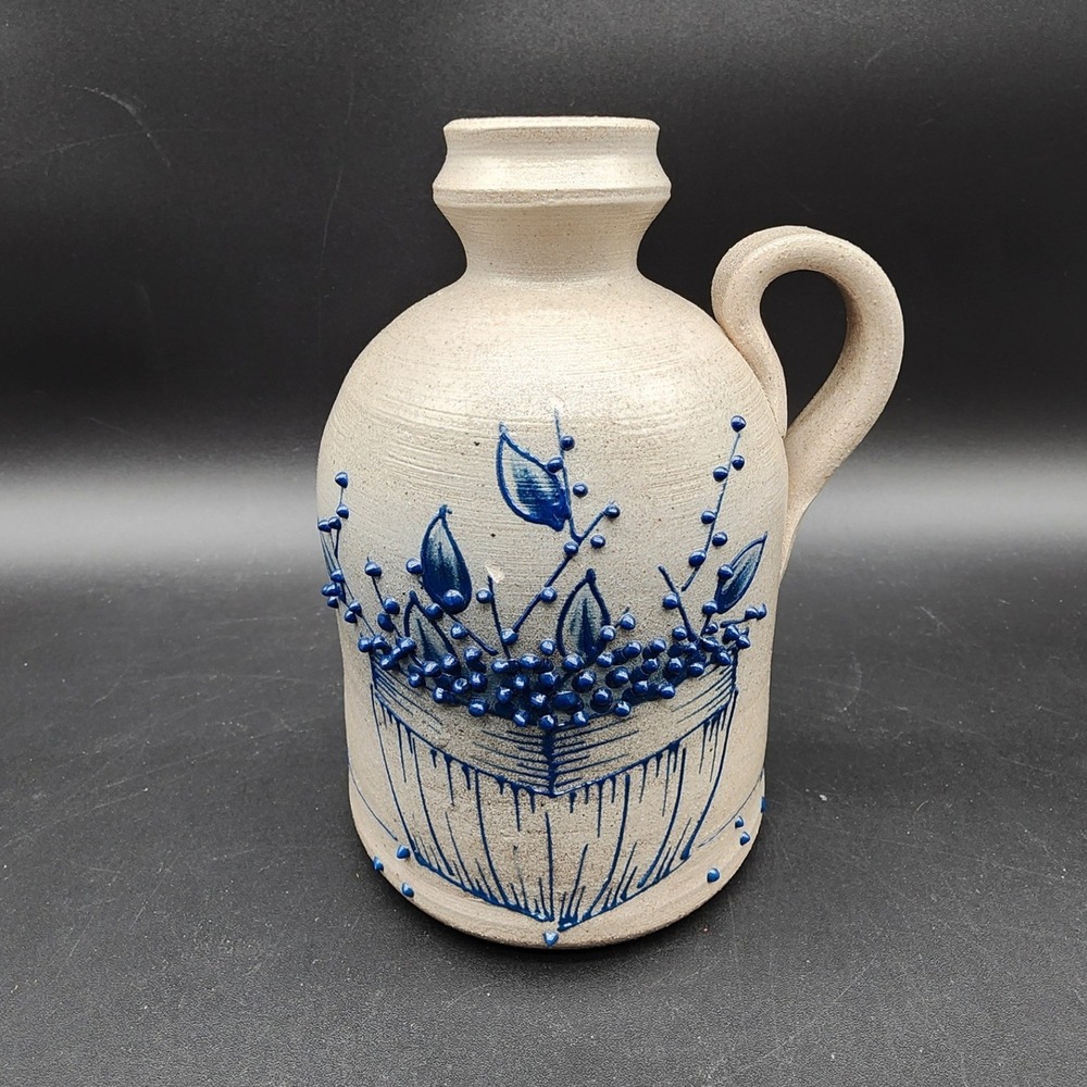 Salmon Falls 7in Gray Blue Salt Glaze Stoneware Jug Basket Floral Pottery Decor